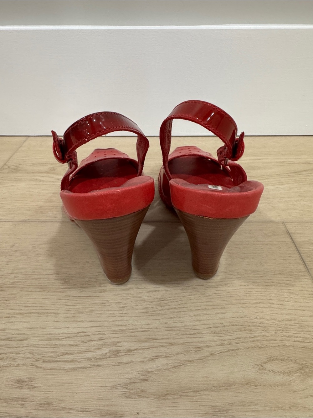Via Spiga Red Patent Peep-Toe Slingback Heels with Cutout Perforation - Picture 3 of 9